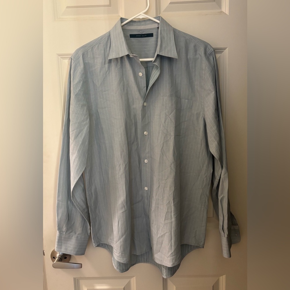Perry Ellis Men’s 100% Cotton Button Down Long Sleeve Shirt, Blue/Green, Size M